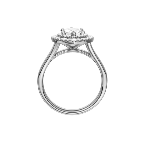 A profile view of the Marquise cut diamond engagement ring in platinum with a plain band and double halo setting