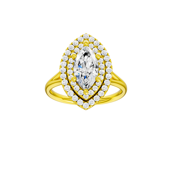 A front view of the Marquise cut diamond engagement ring in 14k yellow gold with a plain band and double halo setting