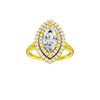 A front view of the Marquise cut diamond engagement ring in 14k yellow gold with a plain band and double halo setting