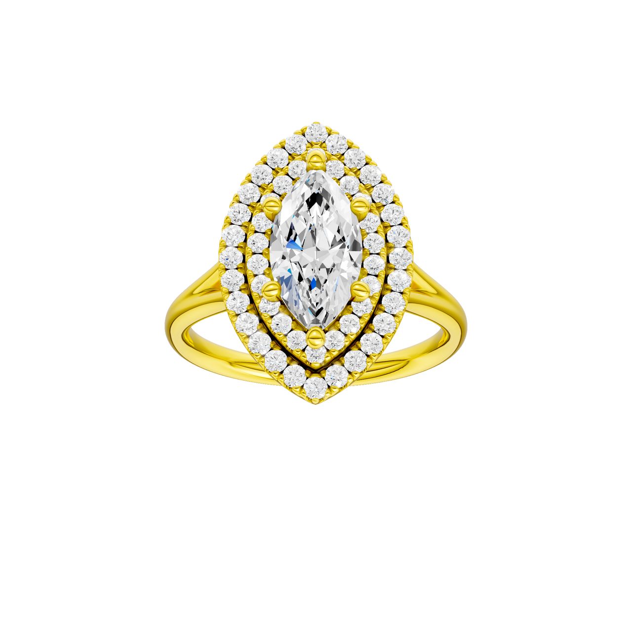 A front view of the Marquise cut diamond engagement ring in 14k yellow gold with a plain band and double halo setting