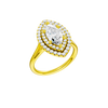 A three-quarter view of the Marquise cut diamond engagement ring in 14k yellow gold with a plain band and double halo setting