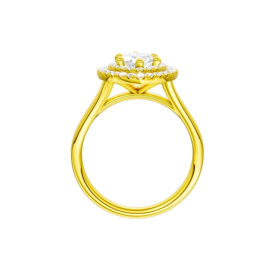 A profile view of the Marquise cut diamond engagement ring in 14k yellow gold with a plain band and double halo setting