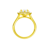 A profile view of the Marquise cut diamond engagement ring in 14k yellow gold with a plain band and double halo setting