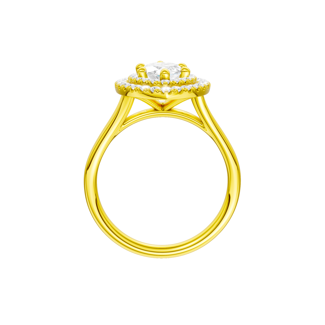 A profile view of the Marquise cut diamond engagement ring in 14k yellow gold with a plain band and double halo setting