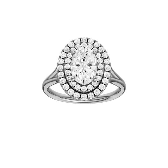 A front view of the Oval cut diamond engagement ring in platinum with a plain band and double halo setting