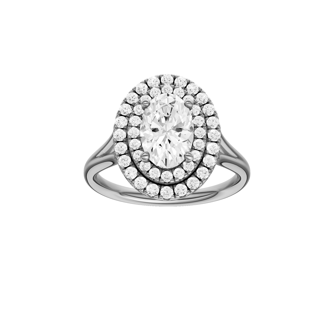 A front view of the Oval cut diamond engagement ring in platinum with a plain band and double halo setting