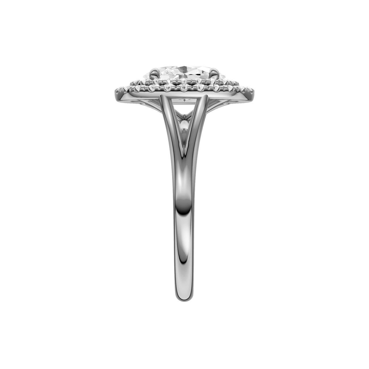 A side view of the Oval cut diamond engagement ring in platinum with a plain band and double halo setting