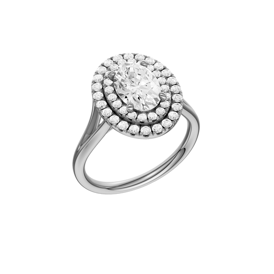 A three-quarter view of the Oval cut diamond engagement ring in platinum with a plain band and double halo setting