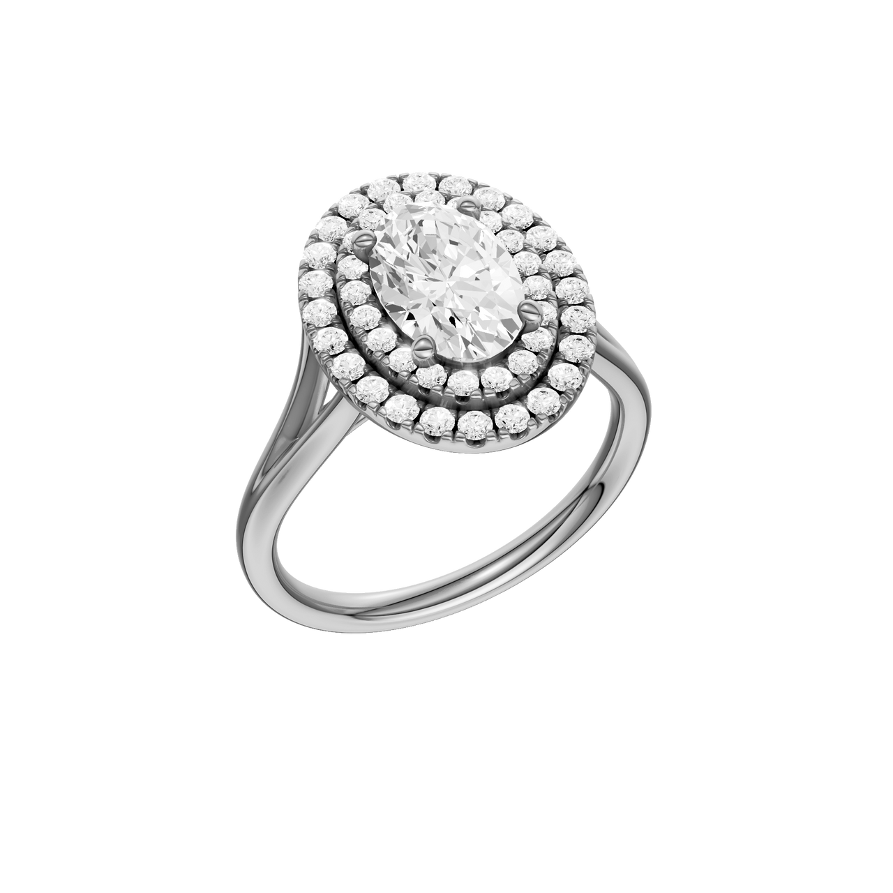 A three-quarter view of the Oval cut diamond engagement ring in platinum with a plain band and double halo setting