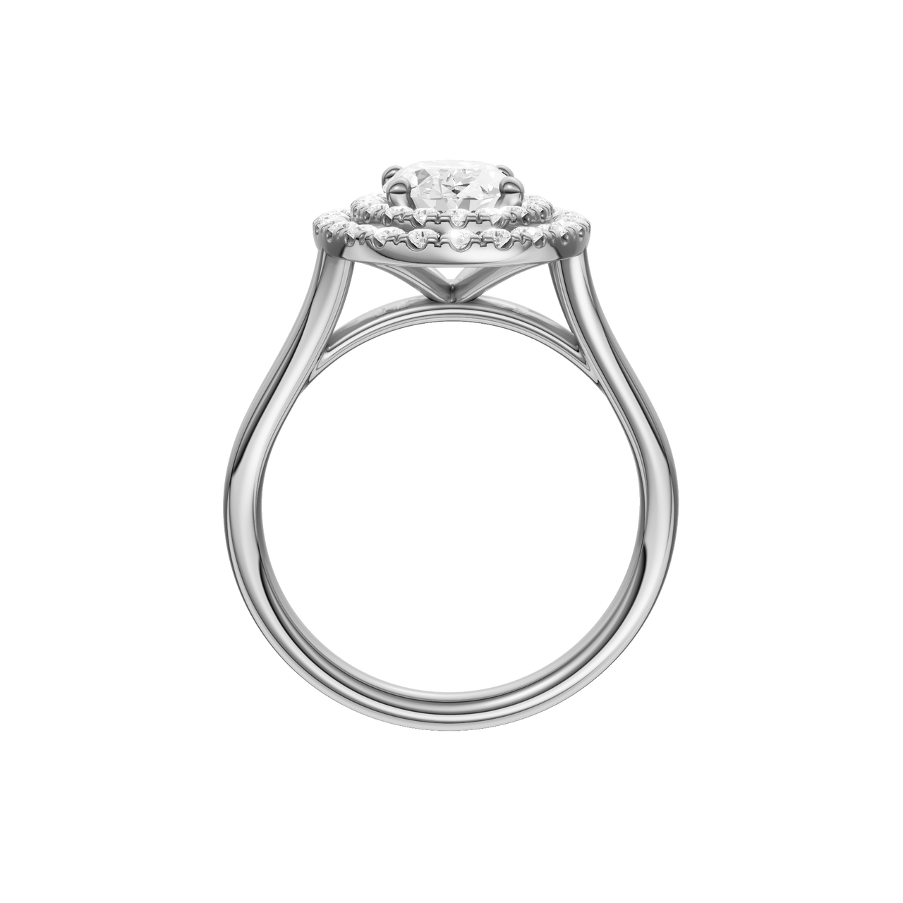 A profile view of the Oval cut diamond engagement ring in platinum with a plain band and double halo setting