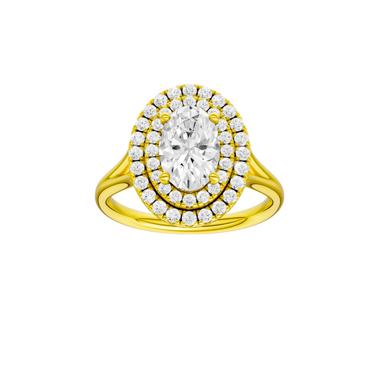 A front view of the Oval cut diamond engagement ring in 14k yellow gold with a plain band and double halo setting