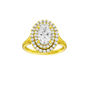 A front view of the Oval cut diamond engagement ring in 14k yellow gold with a plain band and double halo setting