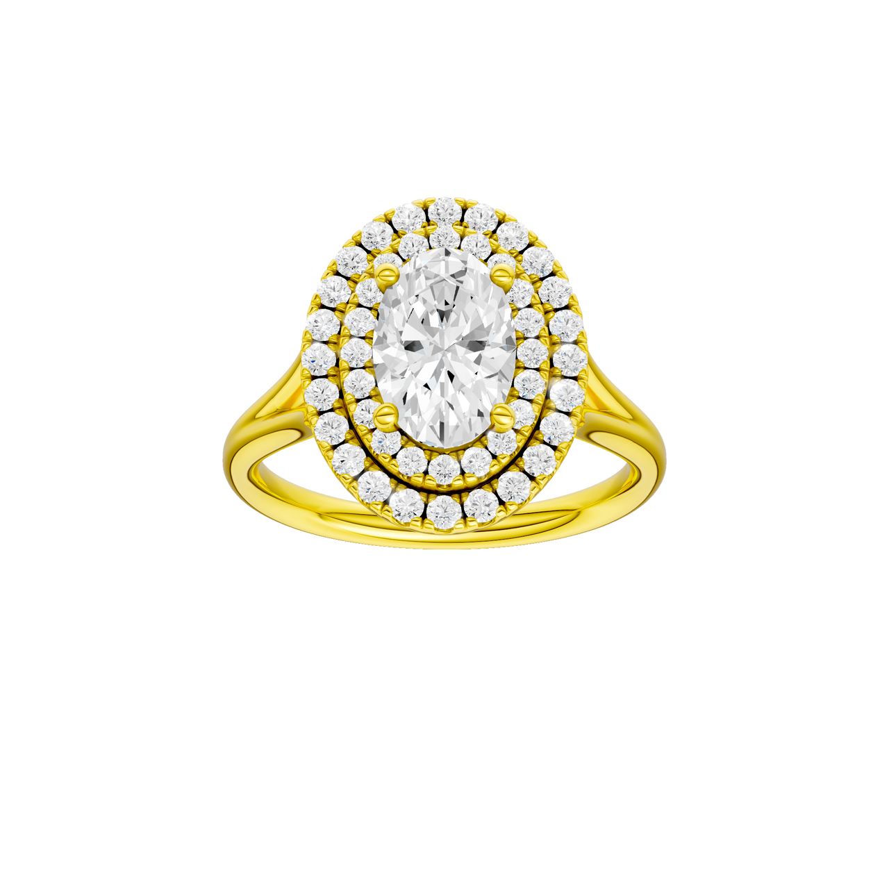 A front view of the Oval cut diamond engagement ring in 14k yellow gold with a plain band and double halo setting