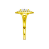 A side view of the Oval cut diamond engagement ring in 14k yellow gold with a plain band and double halo setting