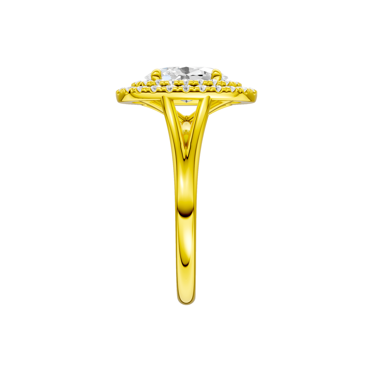 A side view of the Oval cut diamond engagement ring in 14k yellow gold with a plain band and double halo setting