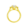 A profile view of the Oval cut diamond engagement ring in 14k yellow gold with a plain band and double halo setting