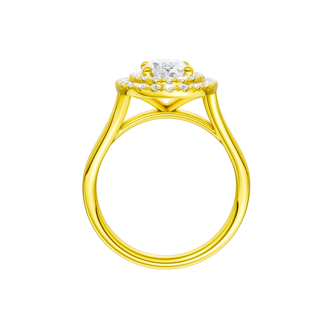 A profile view of the Oval cut diamond engagement ring in 14k yellow gold with a plain band and double halo setting