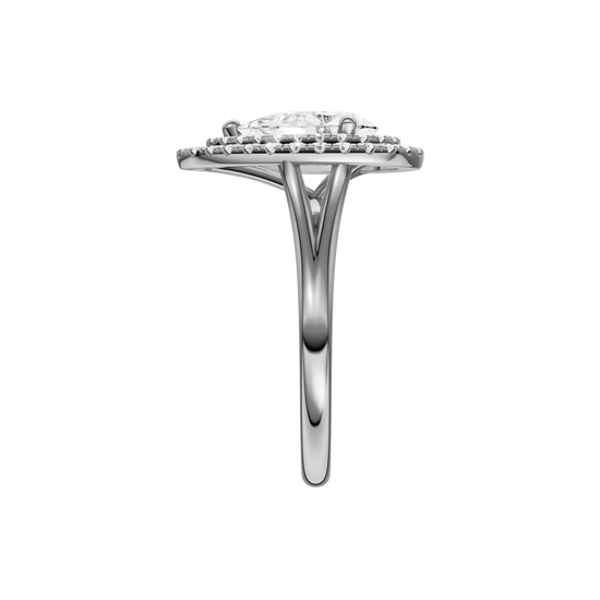A side view of the Pear cut diamond engagement ring in platinum with a plain band and double halo setting