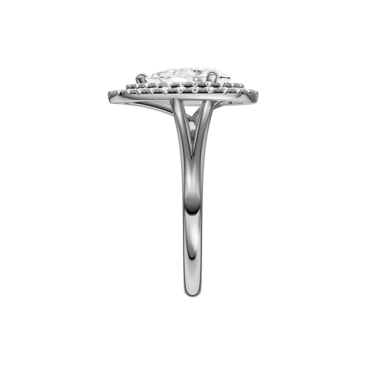 A side view of the Pear cut diamond engagement ring in platinum with a plain band and double halo setting