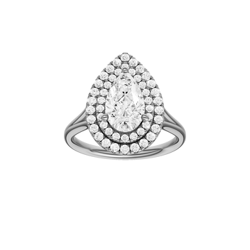 A front view of the Pear cut diamond engagement ring in 14k white gold with a plain band and double halo setting