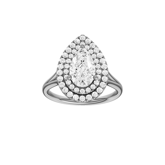 A front view of the Pear cut diamond engagement ring in 14k white gold with a plain band and double halo setting