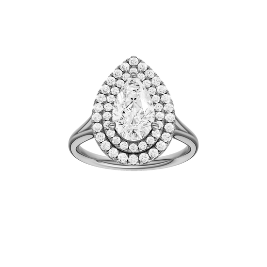 A front view of the Pear cut diamond engagement ring in platinum with a plain band and double halo setting
