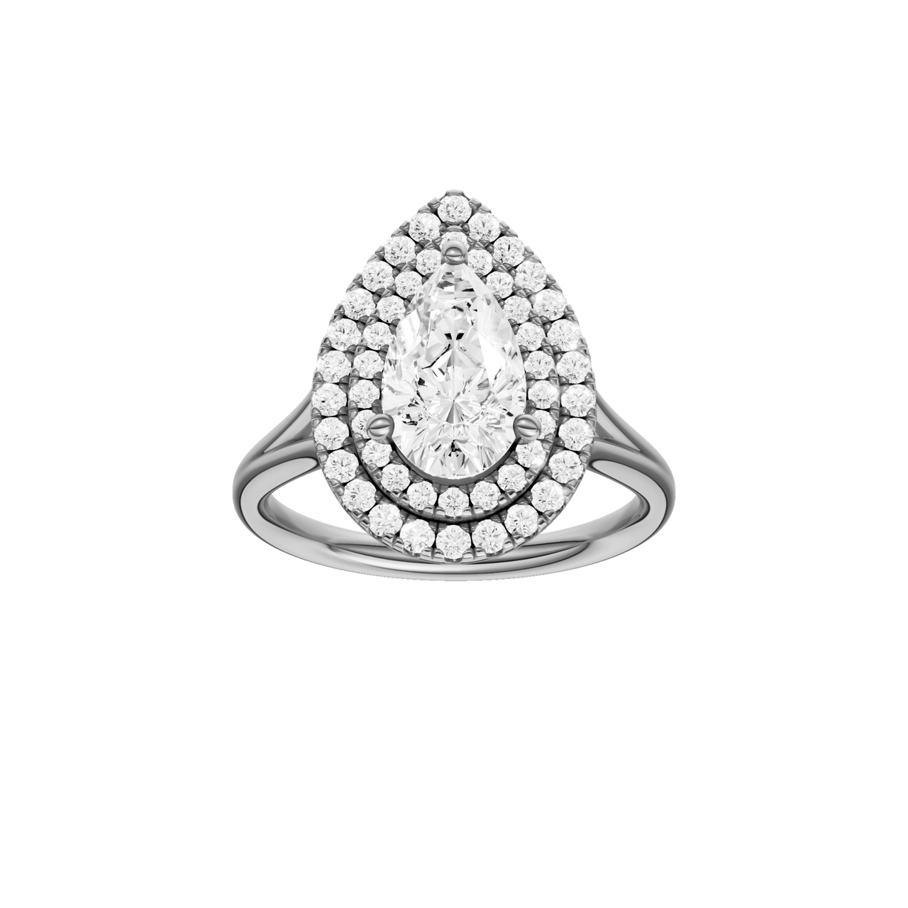 A front view of the Pear cut diamond engagement ring in platinum with a plain band and double halo setting