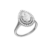 A three-quarter view of the Pear cut diamond engagement ring in platinum with a plain band and double halo setting