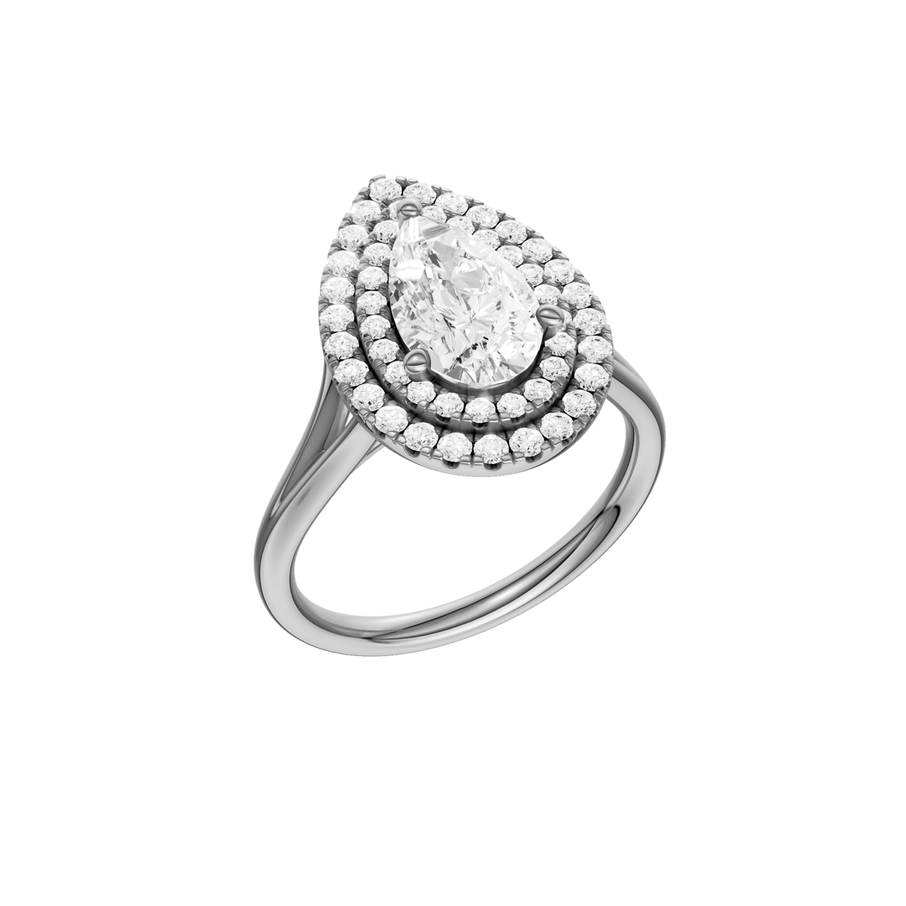 A three-quarter view of the Pear cut diamond engagement ring in 14k white gold with a plain band and double halo setting
