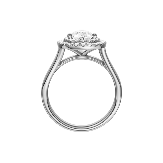 A profile view of the Pear cut diamond engagement ring in platinum with a plain band and double halo setting
