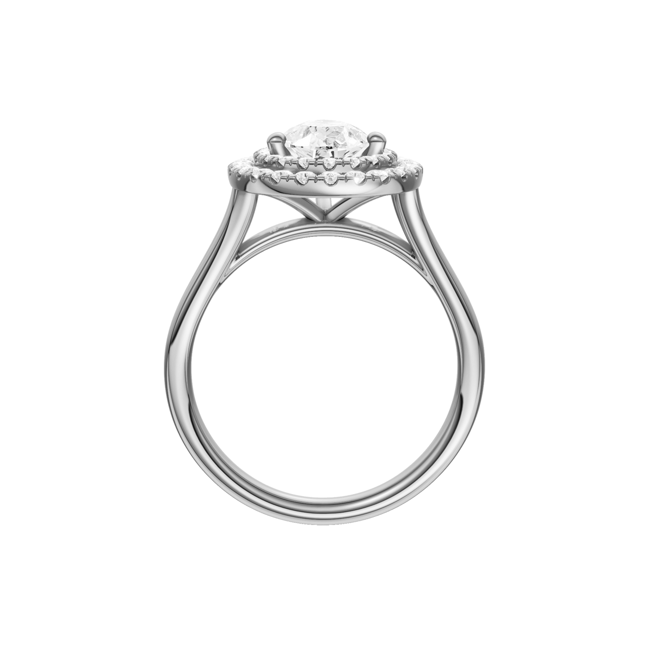 A profile view of the Pear cut diamond engagement ring in platinum with a plain band and double halo setting