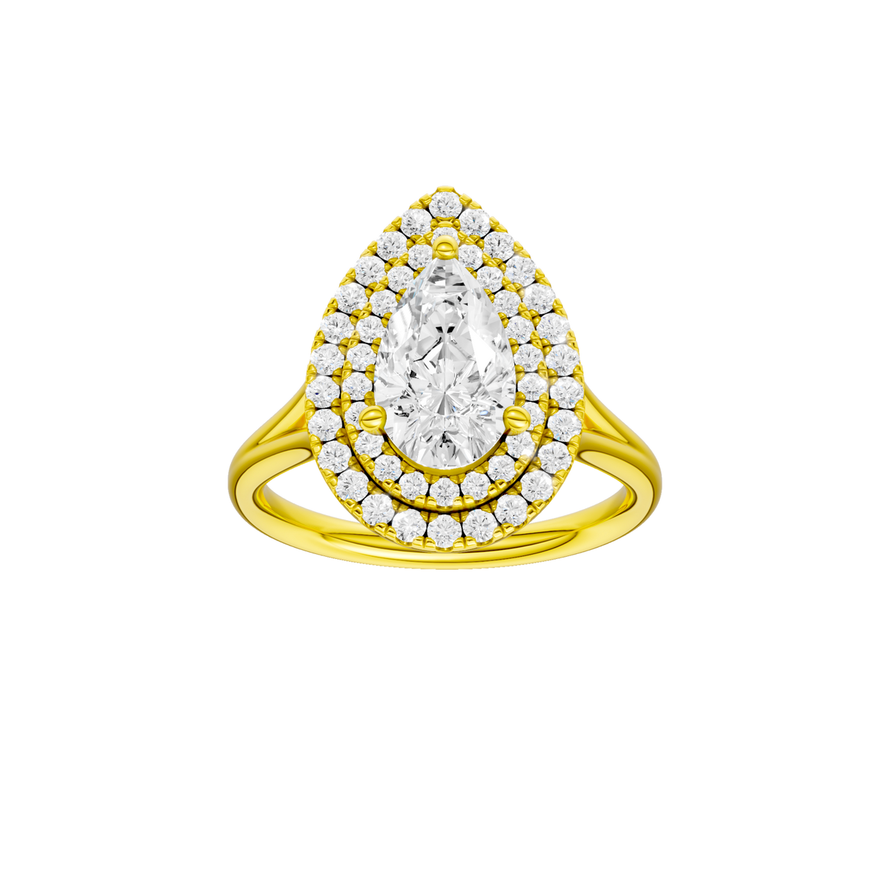 A front view of the Pear cut diamond engagement ring in 14k yellow gold with a plain band and double halo setting