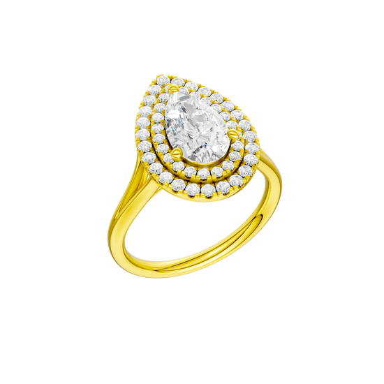 A three-quarter view of the Pear cut diamond engagement ring in 14k yellow gold with a plain band and double halo setting