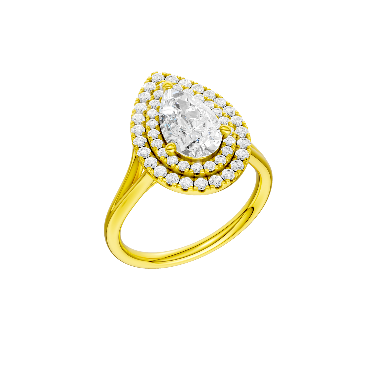 A three-quarter view of the Pear cut diamond engagement ring in 14k yellow gold with a plain band and double halo setting