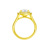 A profile view of the Pear cut diamond engagement ring in 14k yellow gold with a plain band and double halo setting