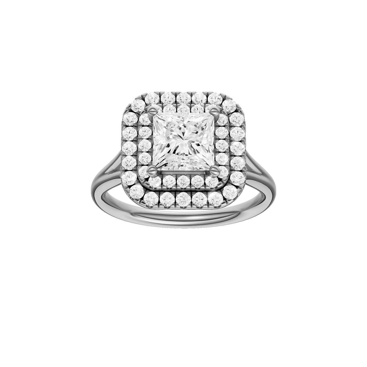A front view of the Princess cut diamond engagement ring in 14k white gold with a plain band and cathedral setting