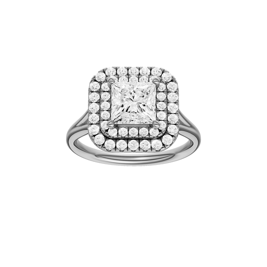 A front view of the Princess cut diamond engagement ring in 14k white gold with a plain band and cathedral setting