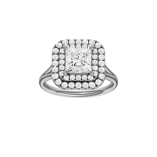 A front view of the Princess cut diamond engagement ring in platinum with a plain band and cathedral setting