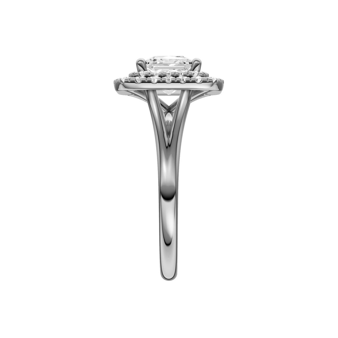 A side view of the Princess cut diamond engagement ring in 14k white gold with a plain band and cathedral setting