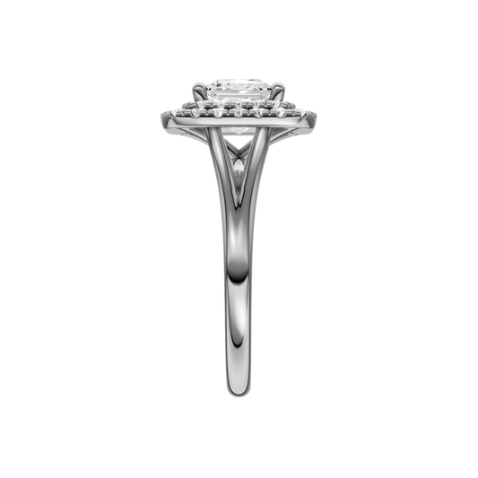 A side view of the Princess cut diamond engagement ring in 14k white gold with a plain band and cathedral setting