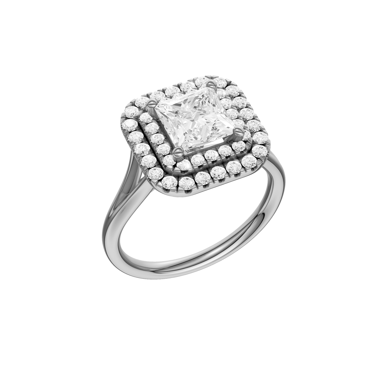A three-quarter view of the Princess cut diamond engagement ring in platinum with a plain band and cathedral setting