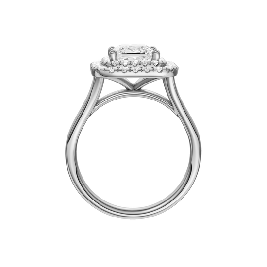 A profile view of the Princess cut diamond engagement ring in 14k white gold with a plain band and cathedral setting