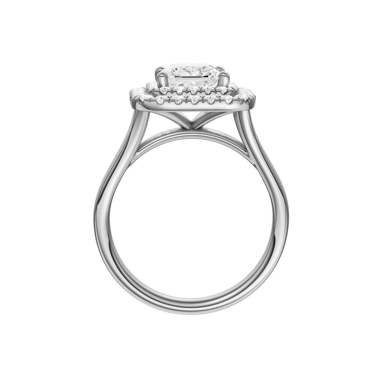 A profile view of the Princess cut diamond engagement ring in platinum with a plain band and cathedral setting