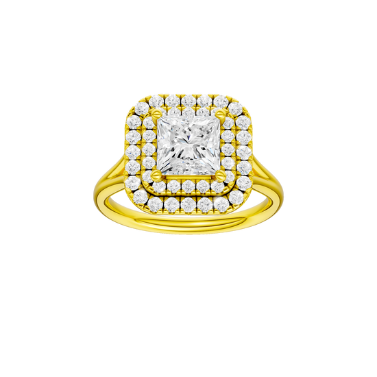 A front view of the Princess cut diamond engagement ring in 14k yellow gold with a plain band and cathedral setting