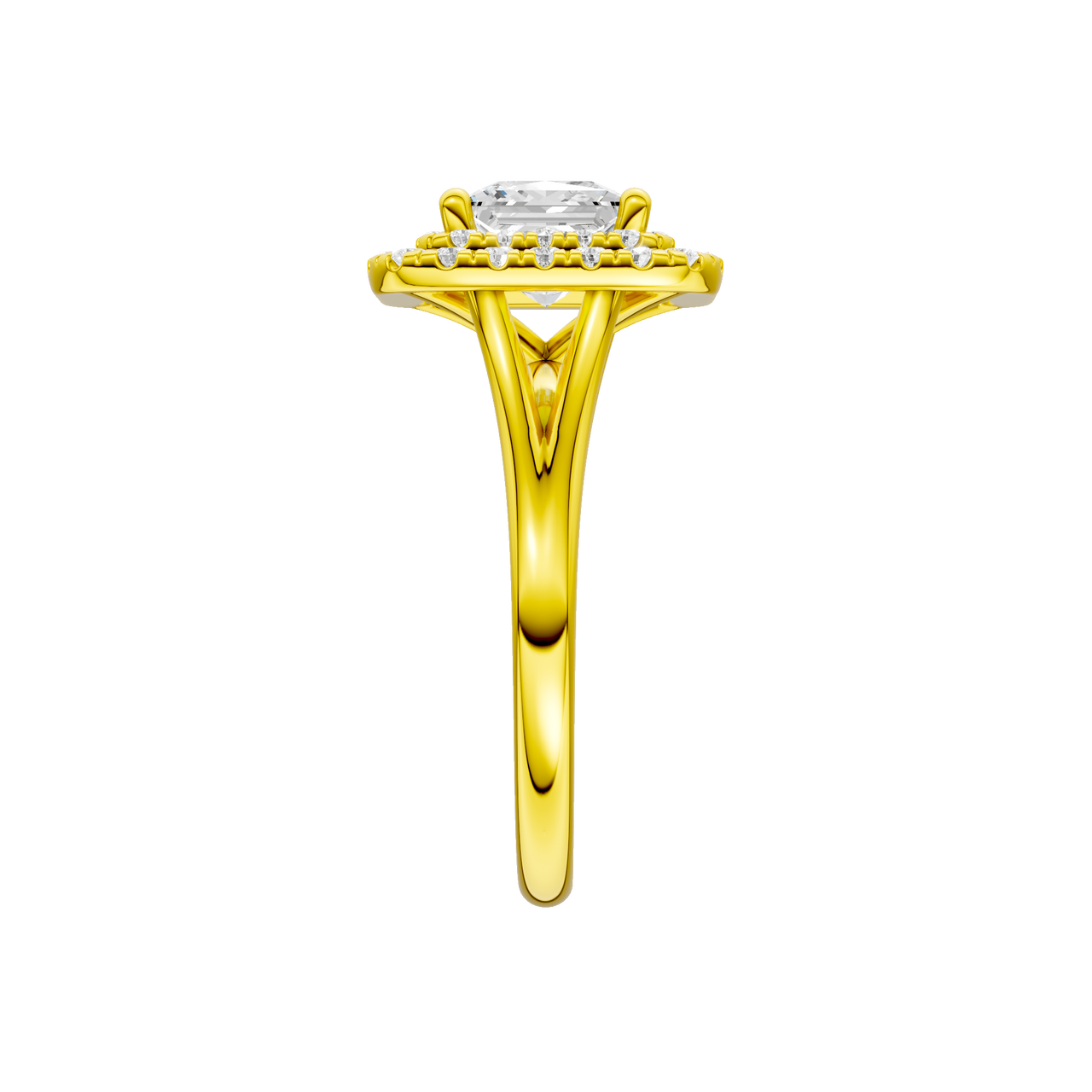 A side view of the Princess cut diamond engagement ring in 14k yellow gold with a plain band and cathedral setting