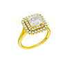A three-quarter view of the Princess cut diamond engagement ring in 14k yellow gold with a plain band and cathedral setting