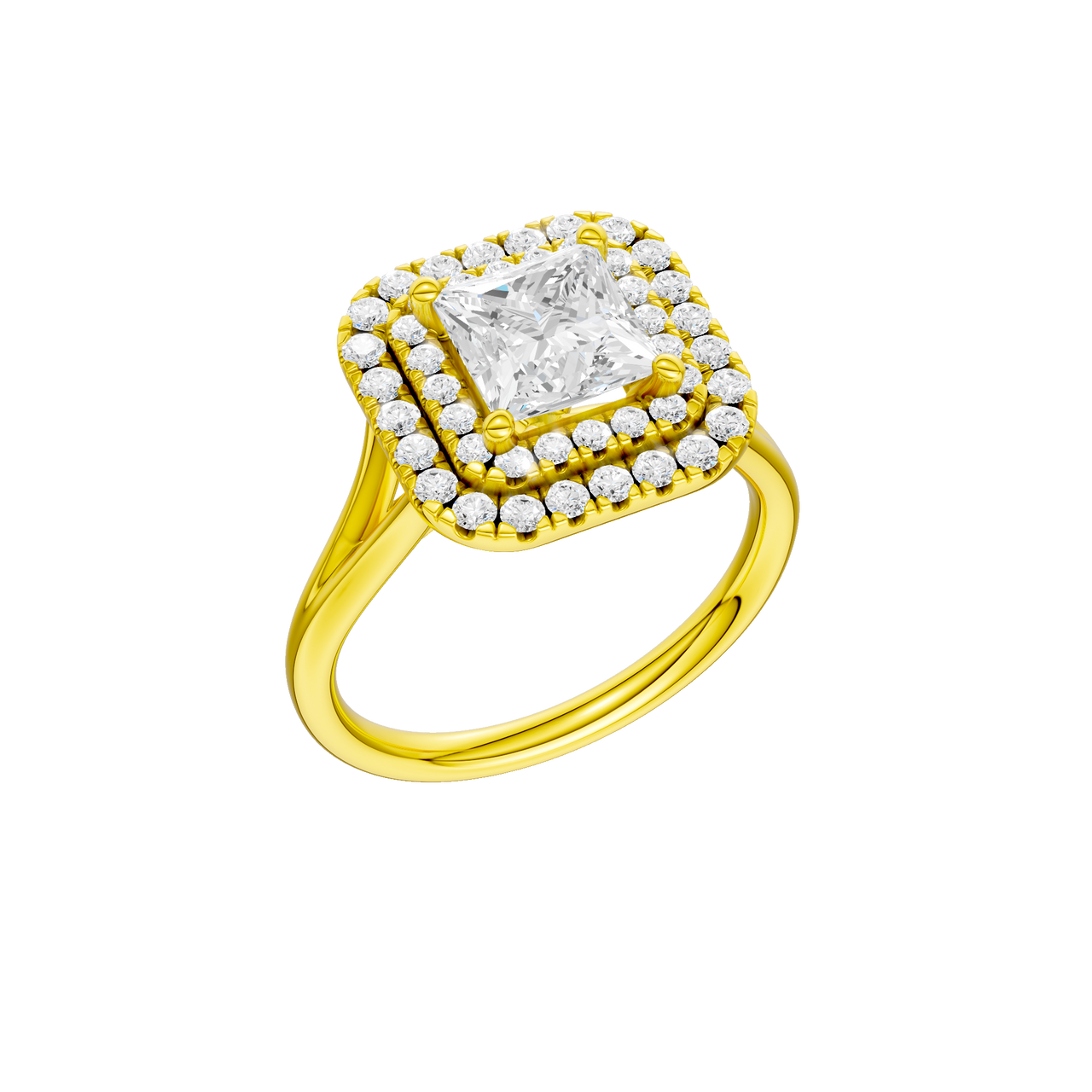 A three-quarter view of the Princess cut diamond engagement ring in 14k yellow gold with a plain band and cathedral setting