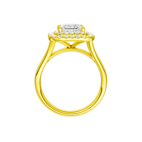 A profile view of the Princess cut diamond engagement ring in 14k yellow gold with a plain band and cathedral setting