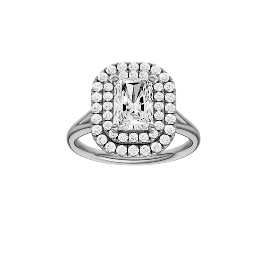A front view of the Radiant cut diamond engagement ring in 14k white gold with a plain band and cathedral setting