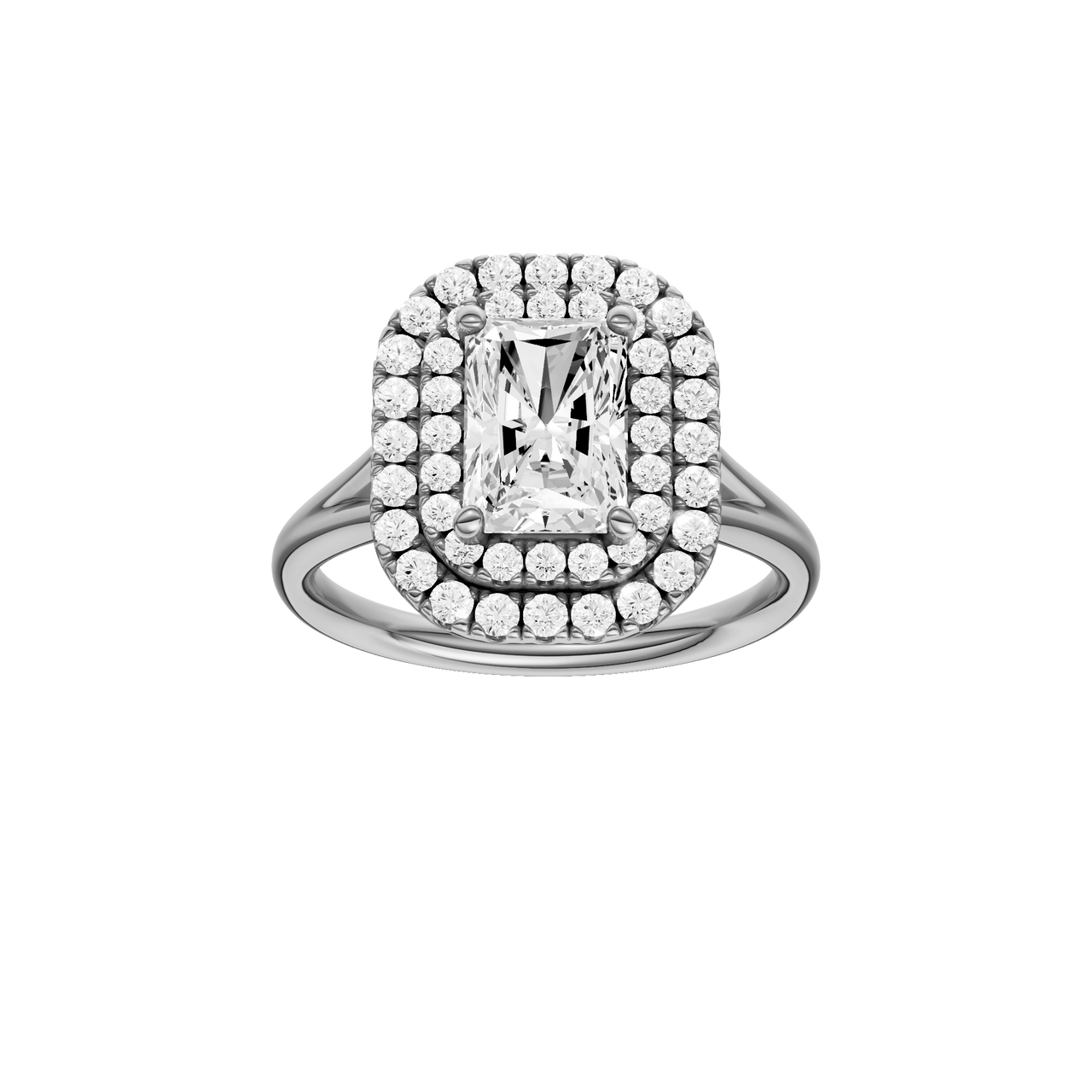 A front view of the Radiant cut diamond engagement ring in platinum with a plain band and cathedral setting